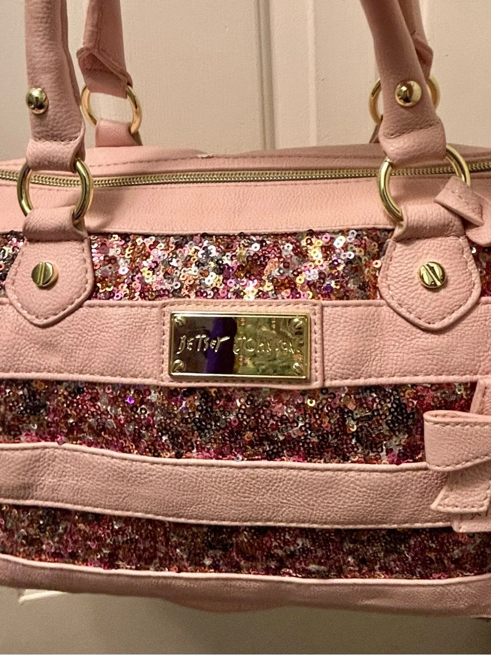 RARE! 2011 Betsey Johnson Blush Pink Sequin Stripe Satchel with Matching Wallet
